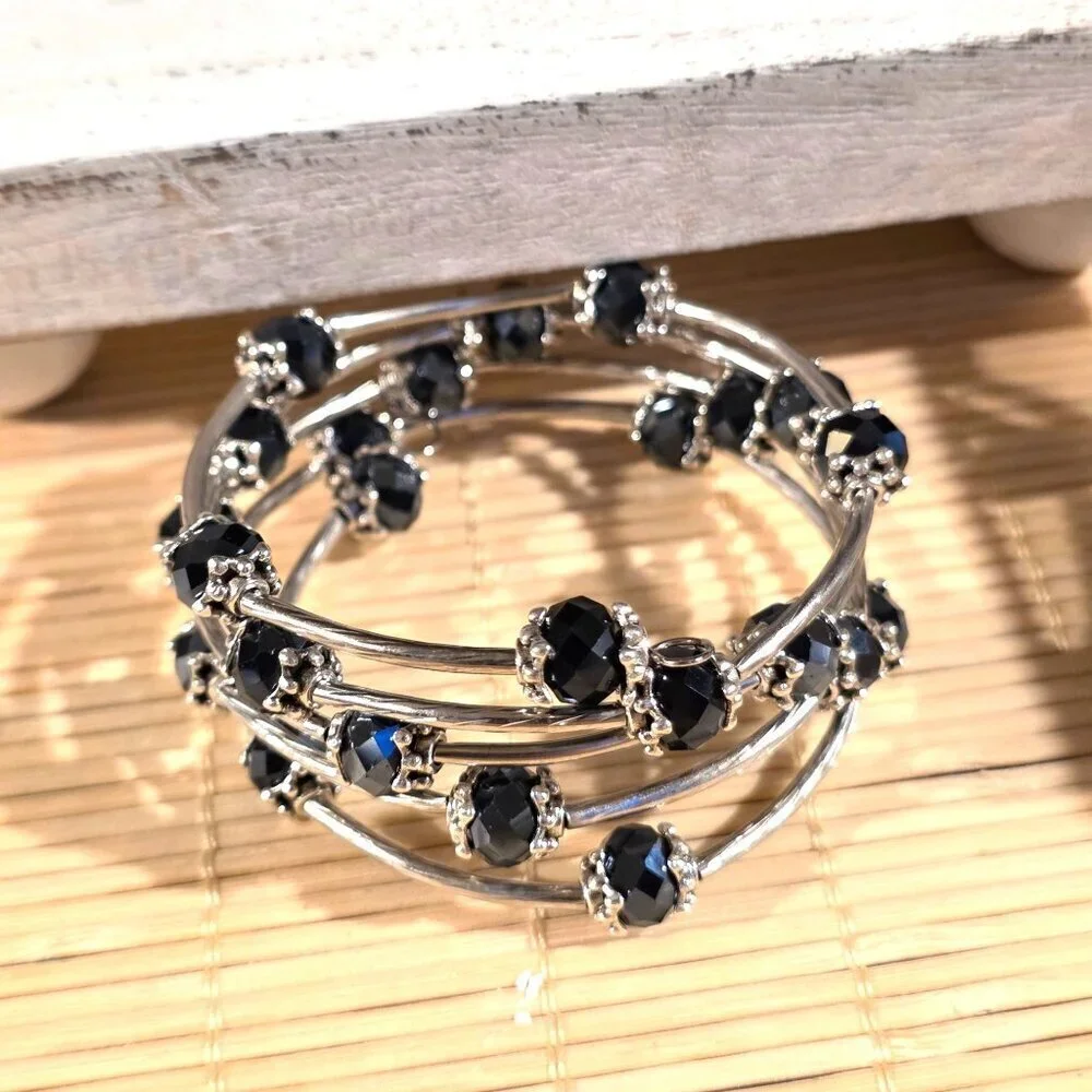 Silver Tone Crystal Wrap Bracelet With Black Faceted Beads & Filigree Details
